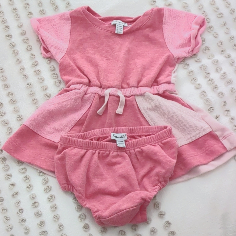Splendid Two Piece Terry Cotton Multi Pink Dress and Bloomers 12-18M